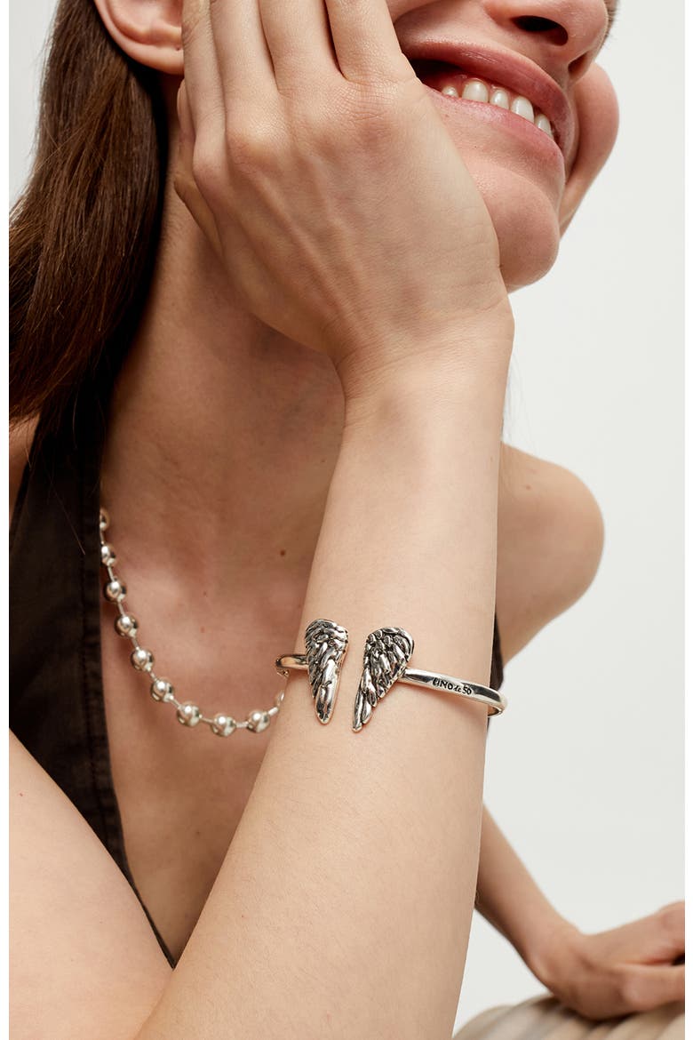 Sterling Silver-Plated Rigid Bracelet with Wing Detail at the Ends, Alternate, color, Silver