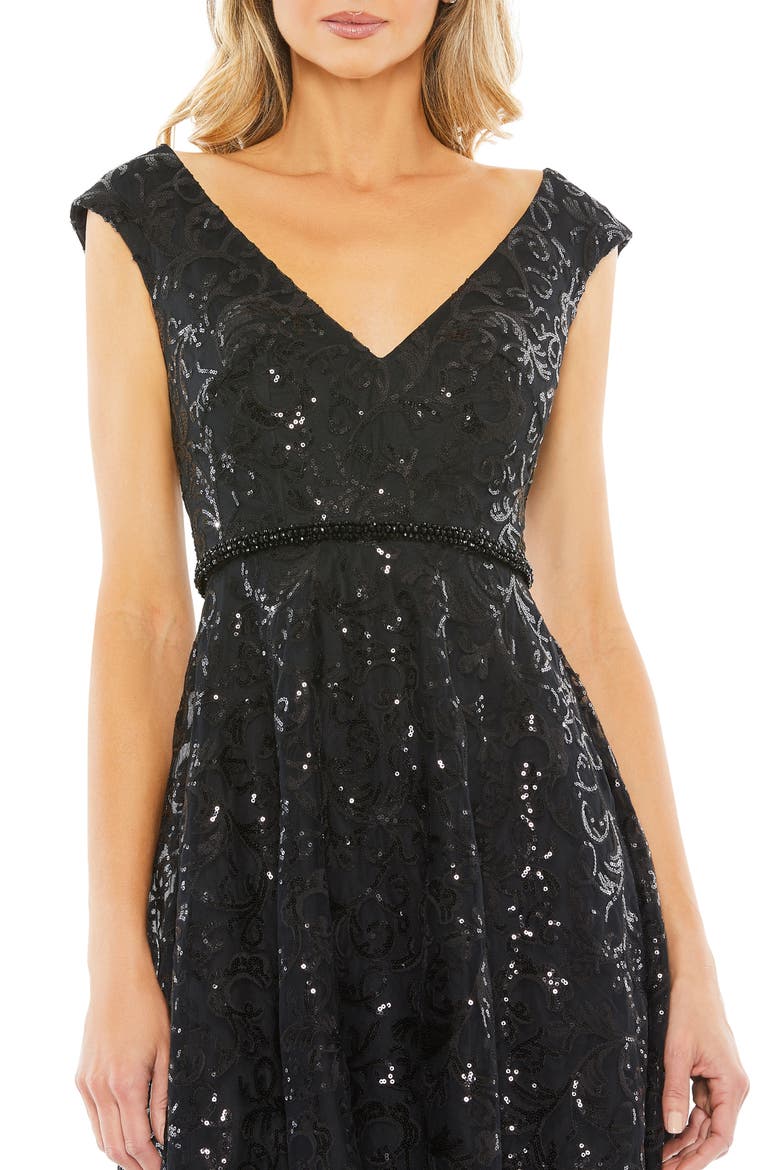 Baroque Sequined V Neck Cap Sleeve Dress, Alternate, color, BLACK