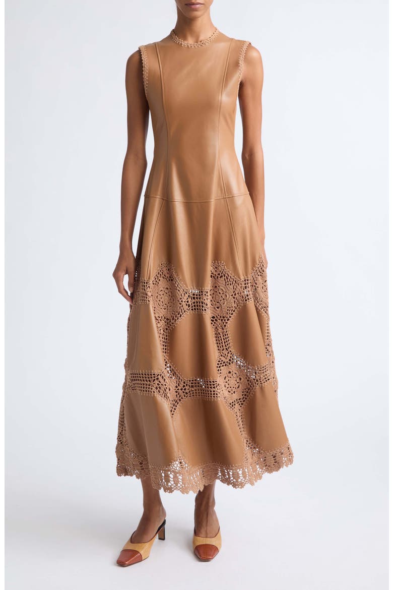 Ilana Crochet Leather Dress, Main, color, CAMEL