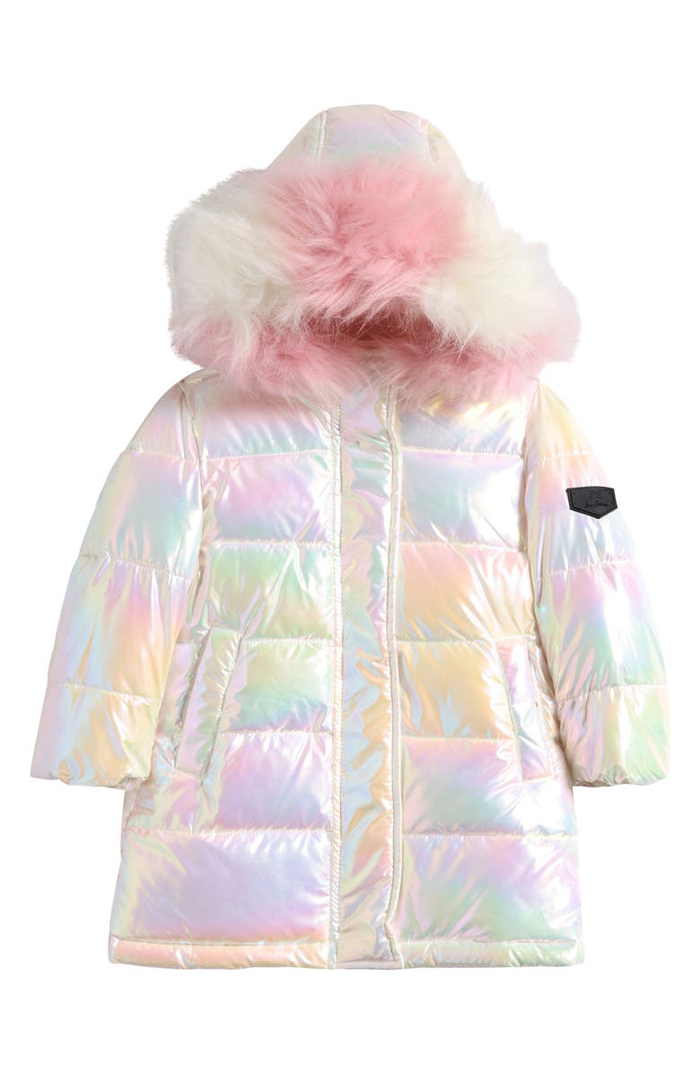 Sam Edelman Kids' Iridescent Longline Faux Fur Hooded Puffer Jacket, Main, color, White Multi