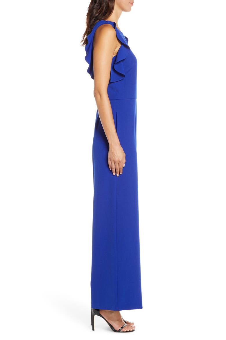 Crepe Ruffle Trim Wide Leg Jumpsuit, Alternate, color, COBALT
