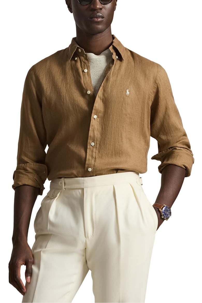 Classic Fit Linen Button-Down Shirt, Main, color, RL BROWN