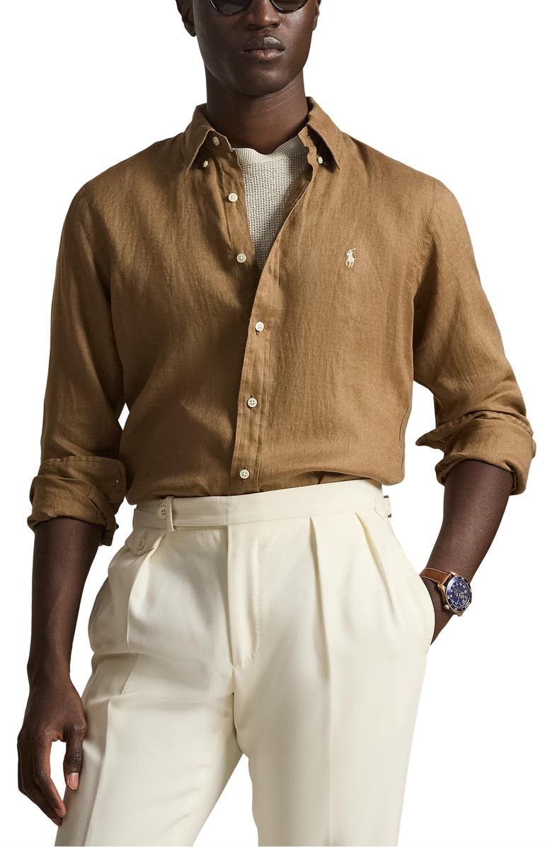 Polo Ralph Lauren Classic Fit Linen Button-Down Shirt, Main, color, Rl Brown