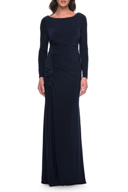 La Femme Chic Jersey Long Dress With Ruffle Detail Skirt In Navy