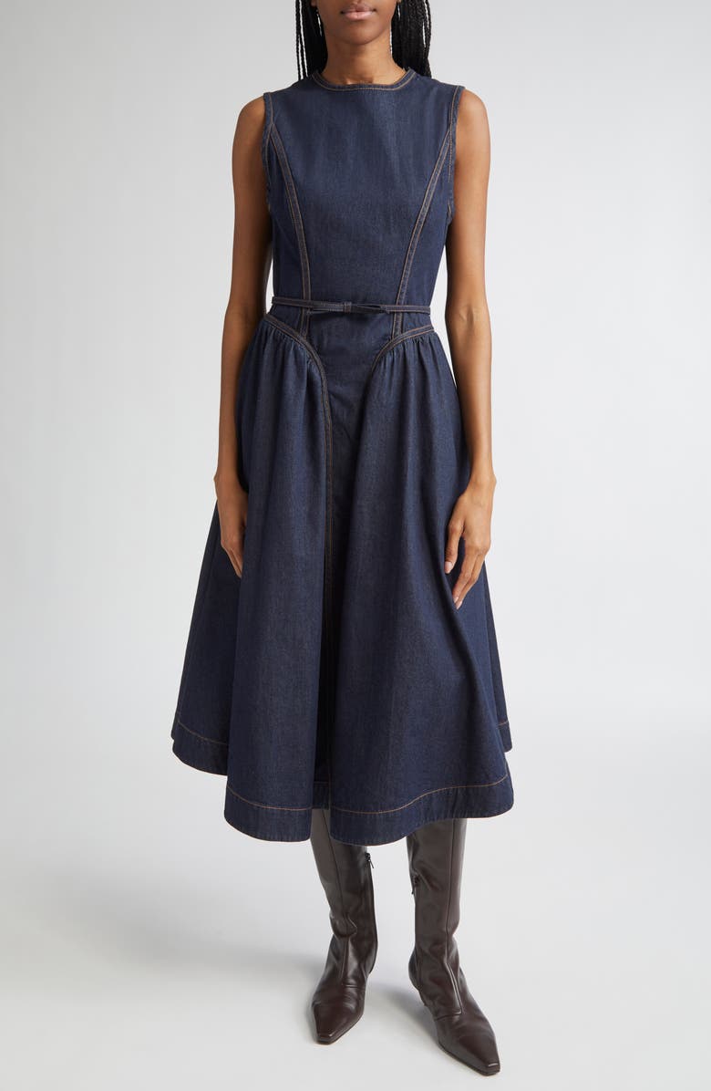 Zimmermann Belted Paneled Denim Midi Dress, Main, color, Night Sky