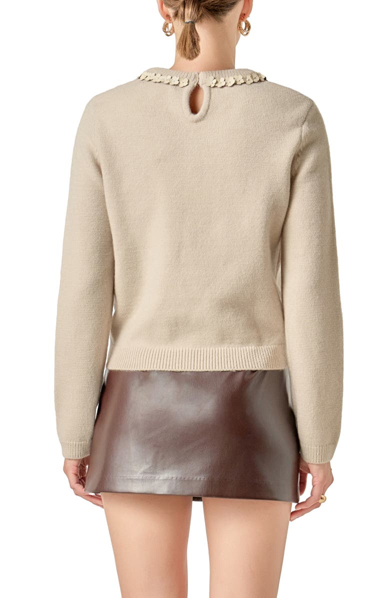 English Factory Floral Appliqué Bow Sweater, Alternate, color, Oatmeal