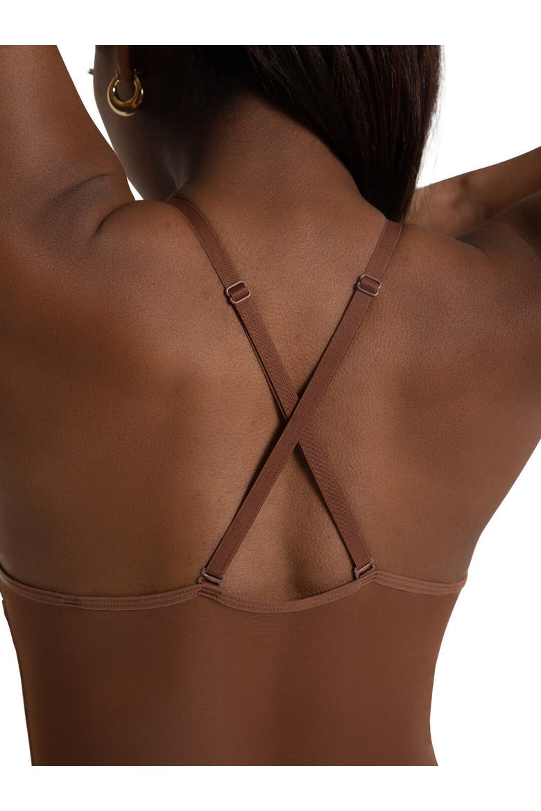Plunge Neck Mesh Midriff Leotard, Alternate, color, dark beige