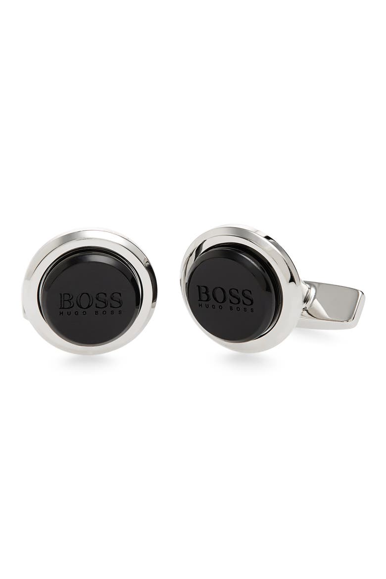 Round Logo Cuff Links, Main, color, BLACK