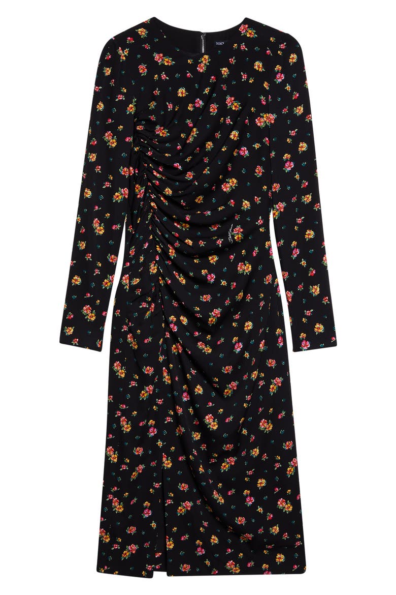 Floral Print Long Sleeve Charmeuse Midi Dress, Alternate, color, NERO