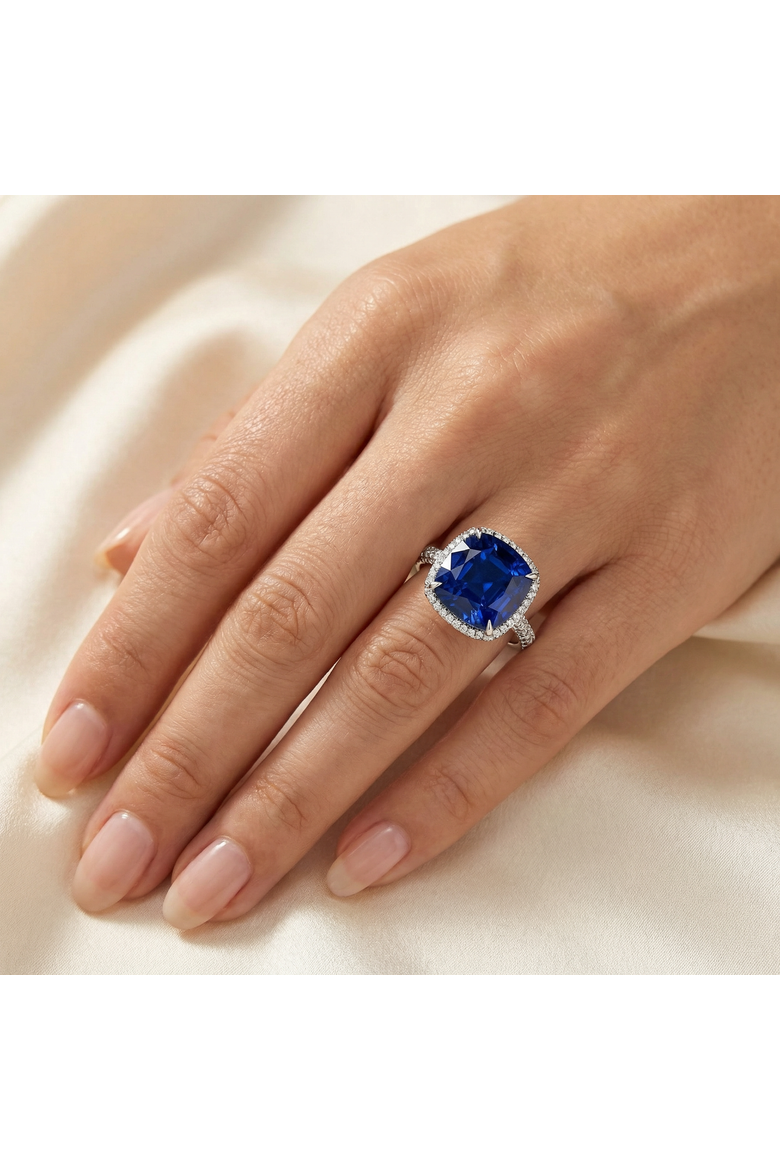 8.50Ct TW Cushion Blue Sapphire & pave Diamond Ring 14k Gold Lab Grown, Alternate, color, 14k White Gold