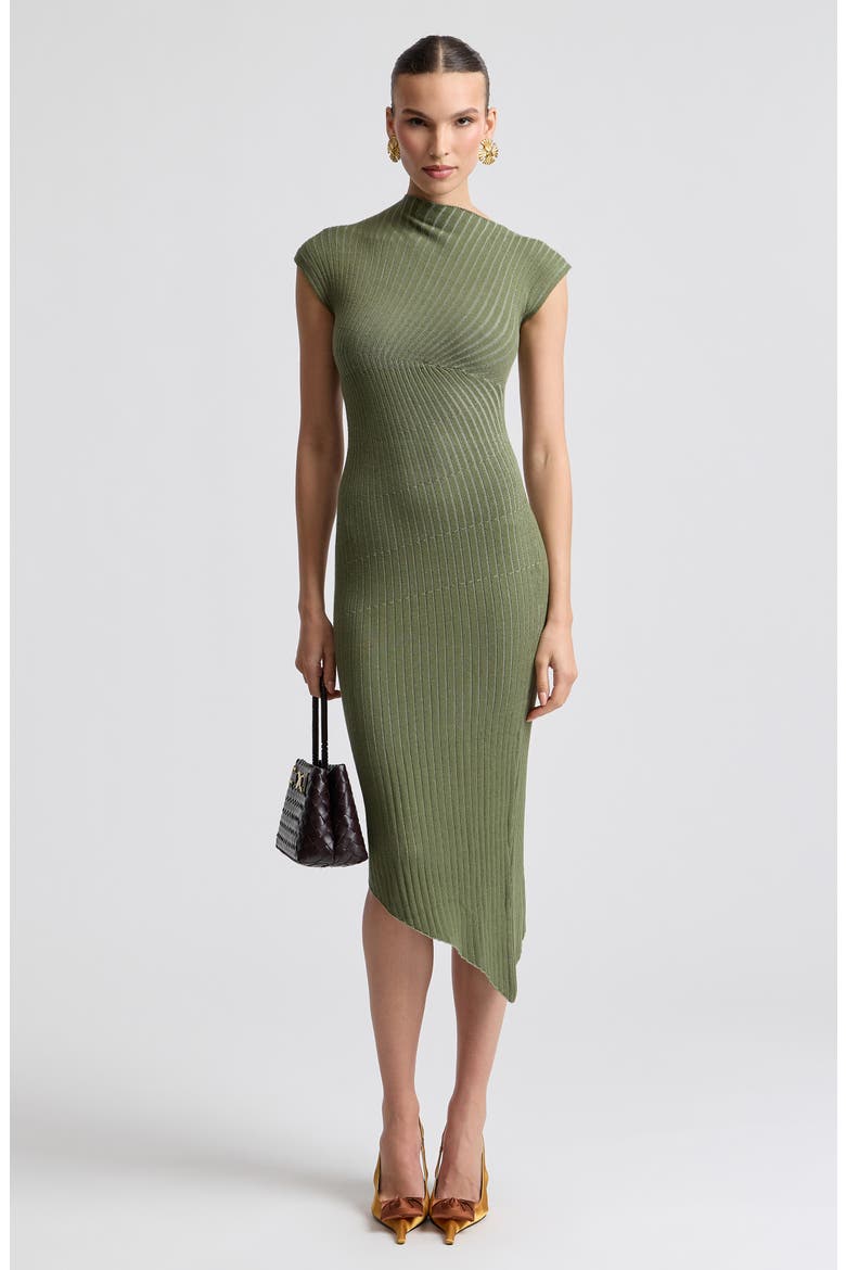 Radial Rib Asymmetric Hem Midi Dress, Alternate, color, OLIVE MULTI
