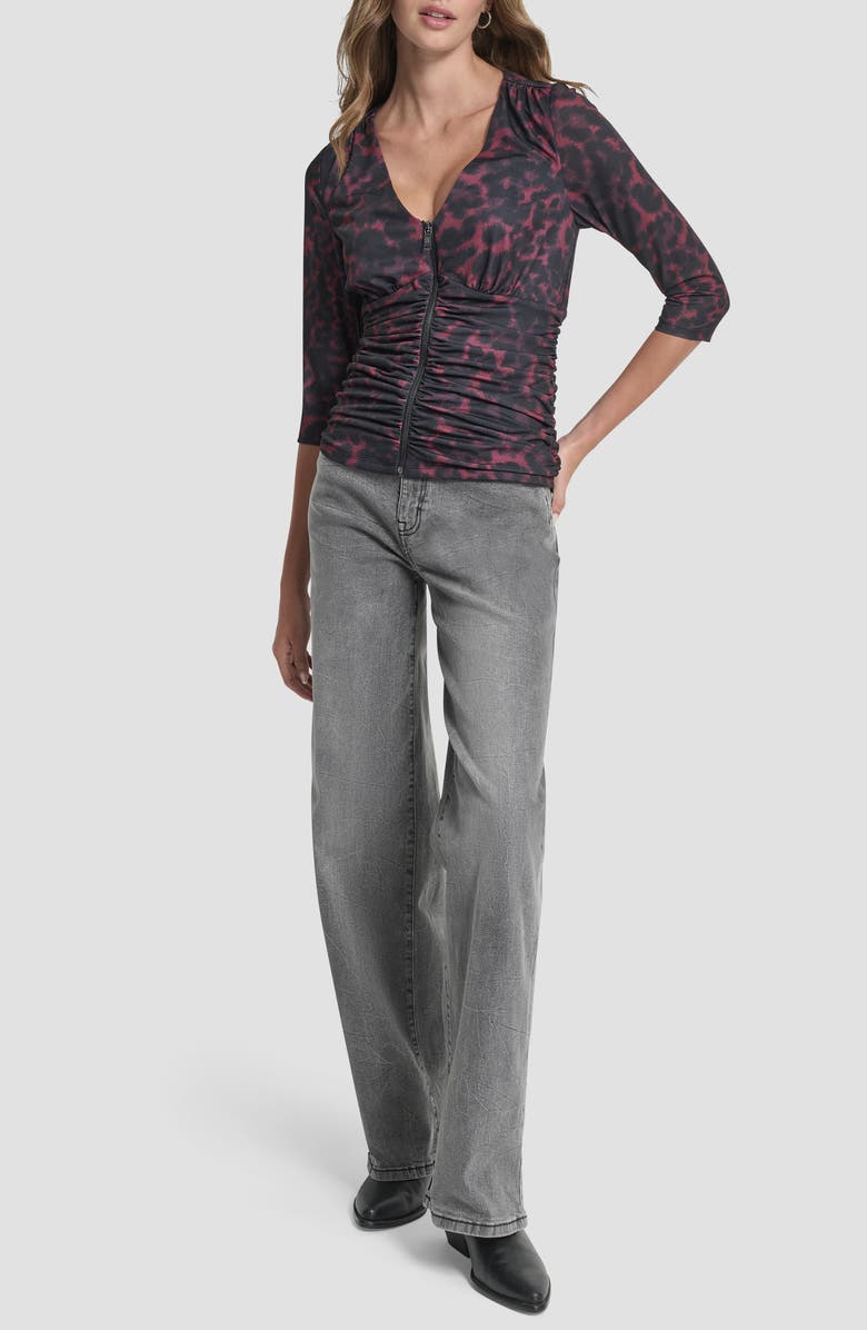 DKNY Ruched Knit Zip-Up Top, Alternate, color, Merlot Cheetah