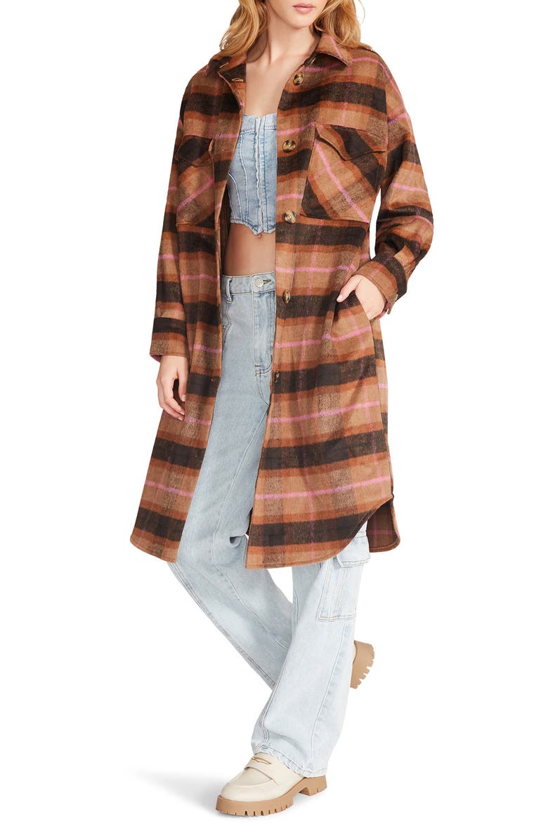 Steve Madden Plaid Duster Shirt Jacket, Alternate, color, 