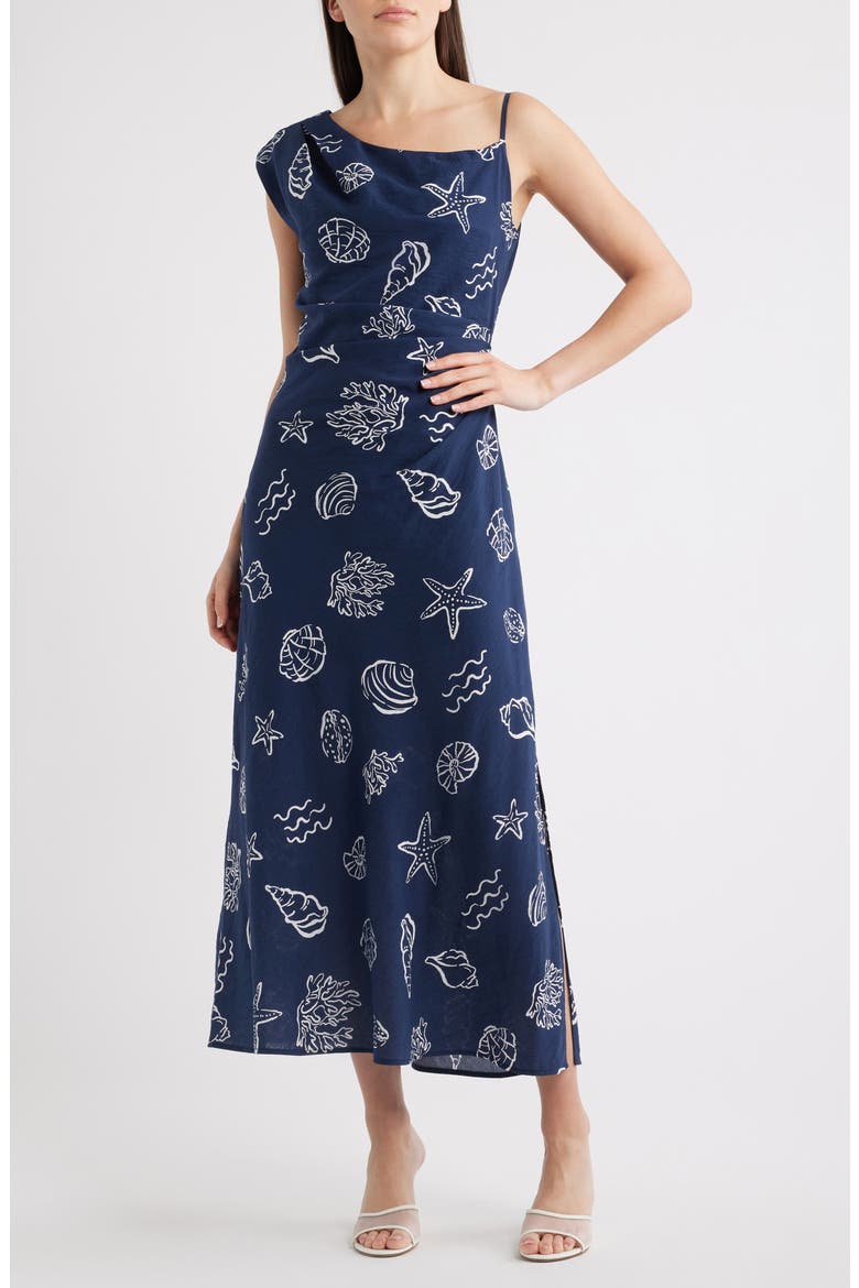 Shell Asymmetric Sleeveless Maxi Dress, Main, color, NAVY