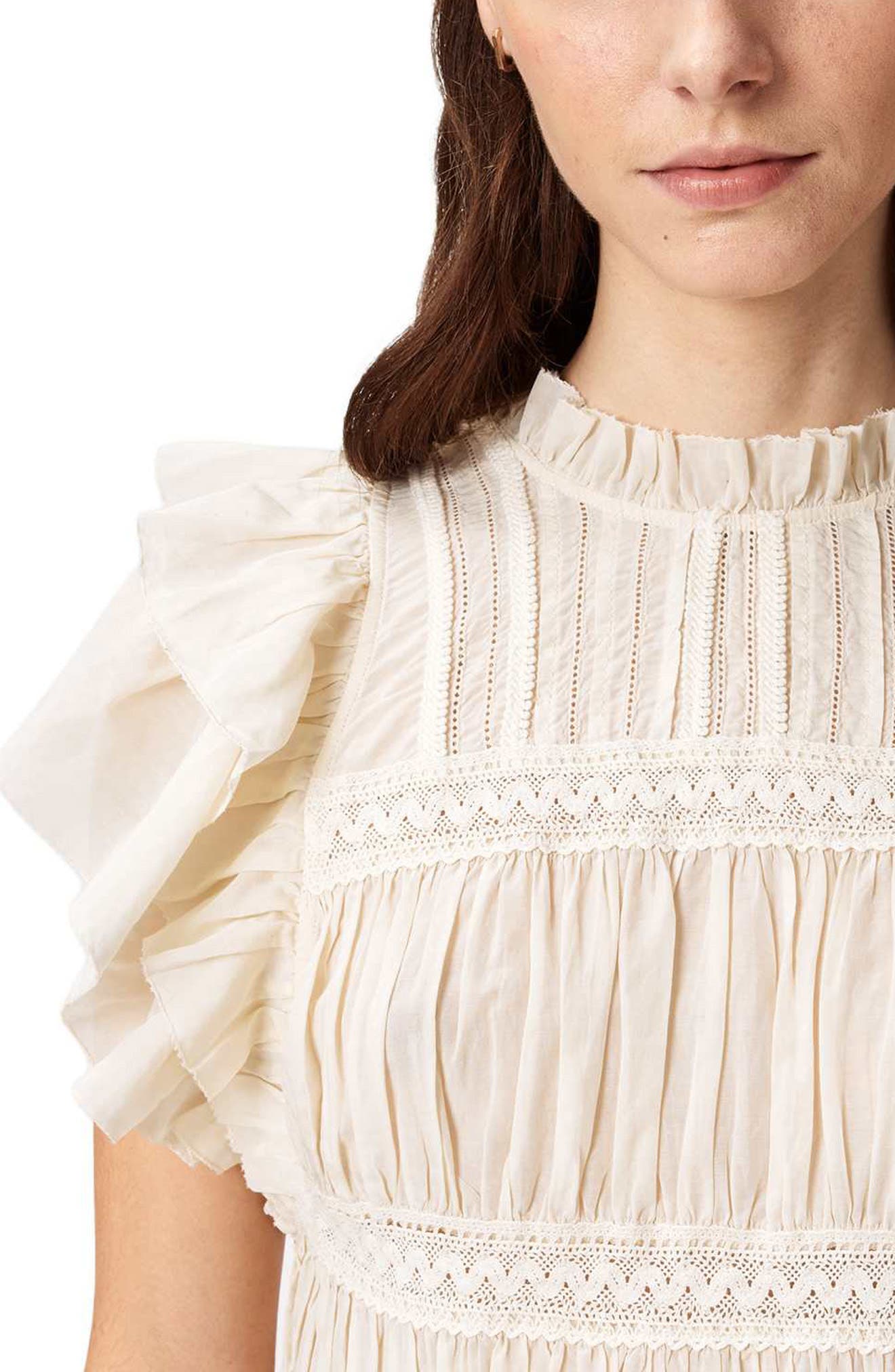 Harriet Lace Trim Shirred Flutter Sleeve Peplum Top (Women