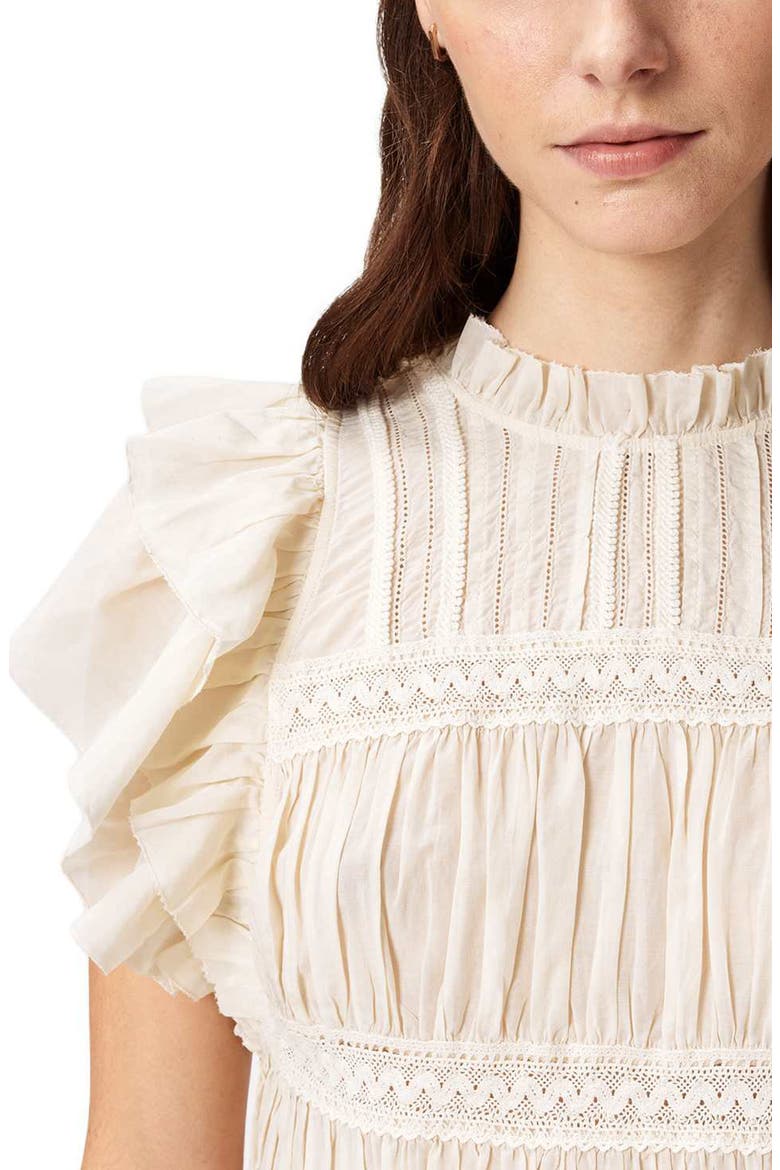 Harriet Lace Trim Shirred Flutter Sleeve Peplum Top, Alternate, color, DOVE WHITE