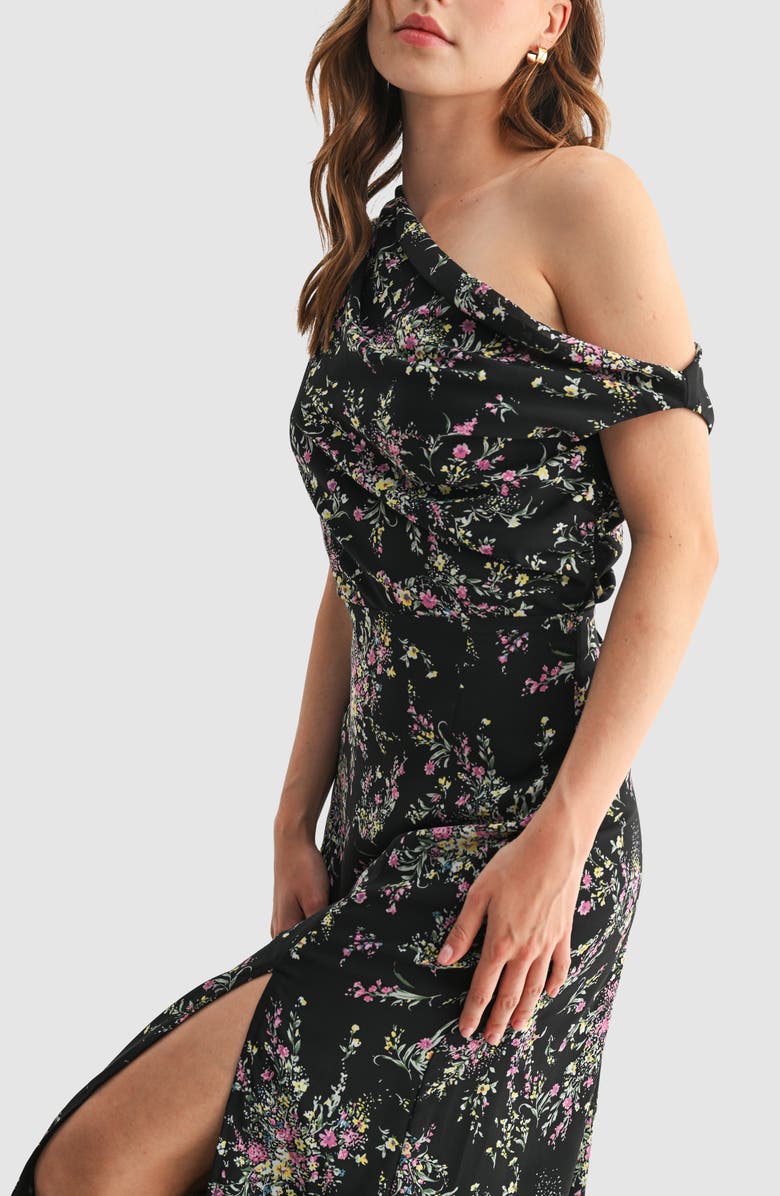 Lush Floral One-Shoulder Chiffon Midi Dress, Alternate, color, Black Pink Floral