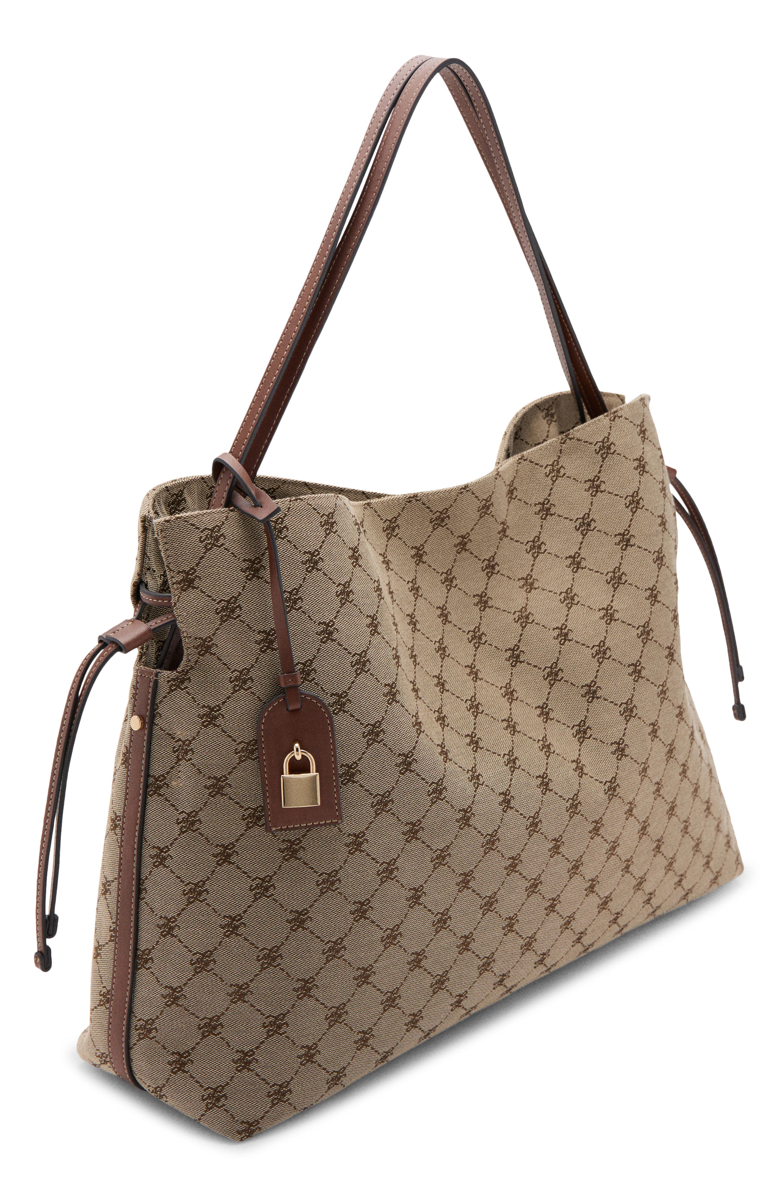 MANGO Logo Jacquard Bucket Bag, Alternate, color, Leather