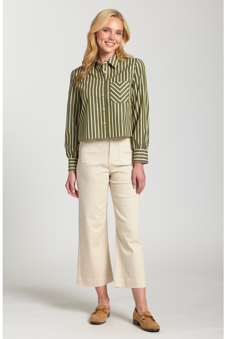 Stripe Cotton Blend Crop Button-Up Shirt, Alternate, color, OLIVE/OFF-WHITE