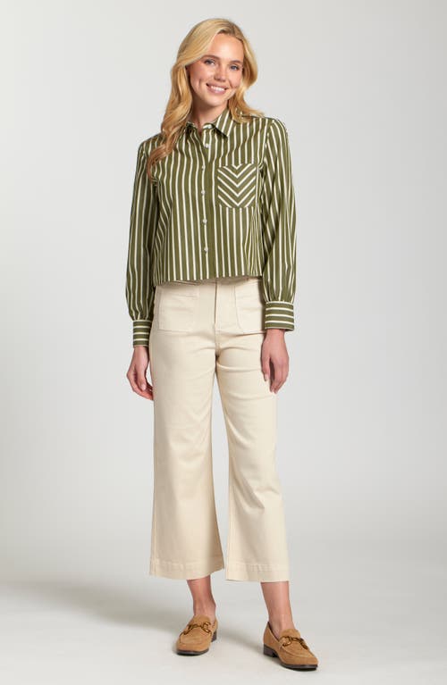 Apny Stripe Cotton Blend Crop Button-up Shirt In Green
