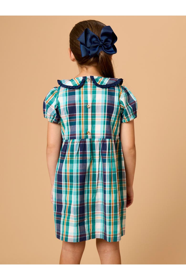 Woven Peter Pan Ruffle Bow Short Sleeve Dress, Alternate, color, Forrest Plaid
