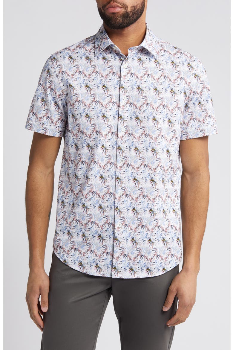 Miles OoohCotton® Leaf Print Short Sleeve Button-Up Shirt, Main, color, AIR BLUE
