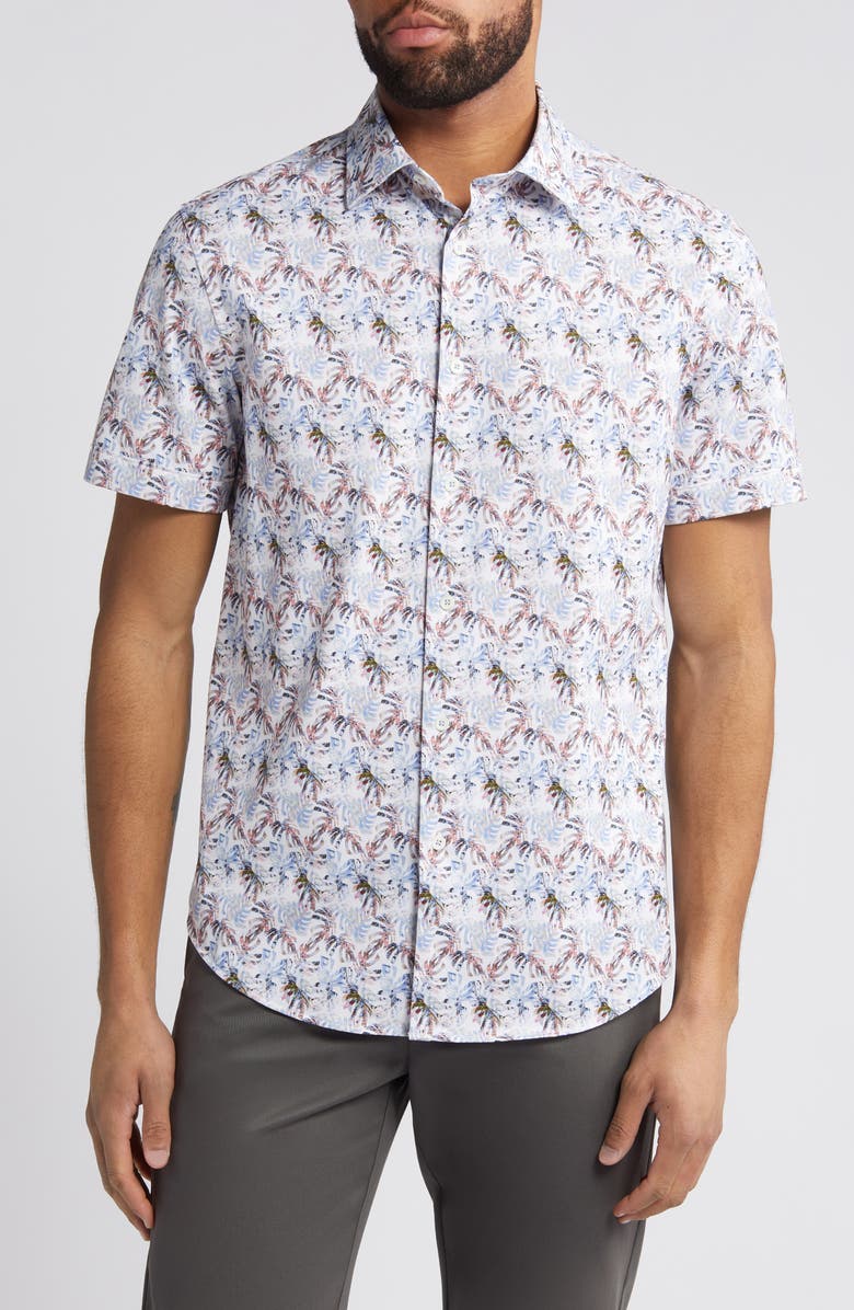 Bugatchi Miles OoohCotton<sup>®</sup> Leaf Print Short Sleeve Button-Up Shirt, Main, color, 