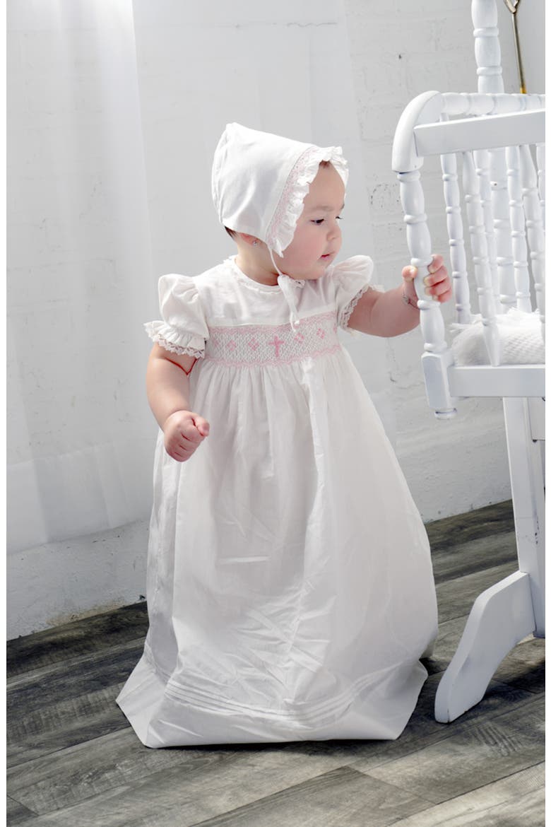 Smocked Christening Gown & Bonnet Set, Alternate, color, WHITE