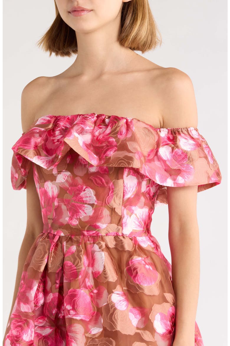 Mersin Floral Print Off the Shoulder Dress, Alternate, color, BROWN MULTI