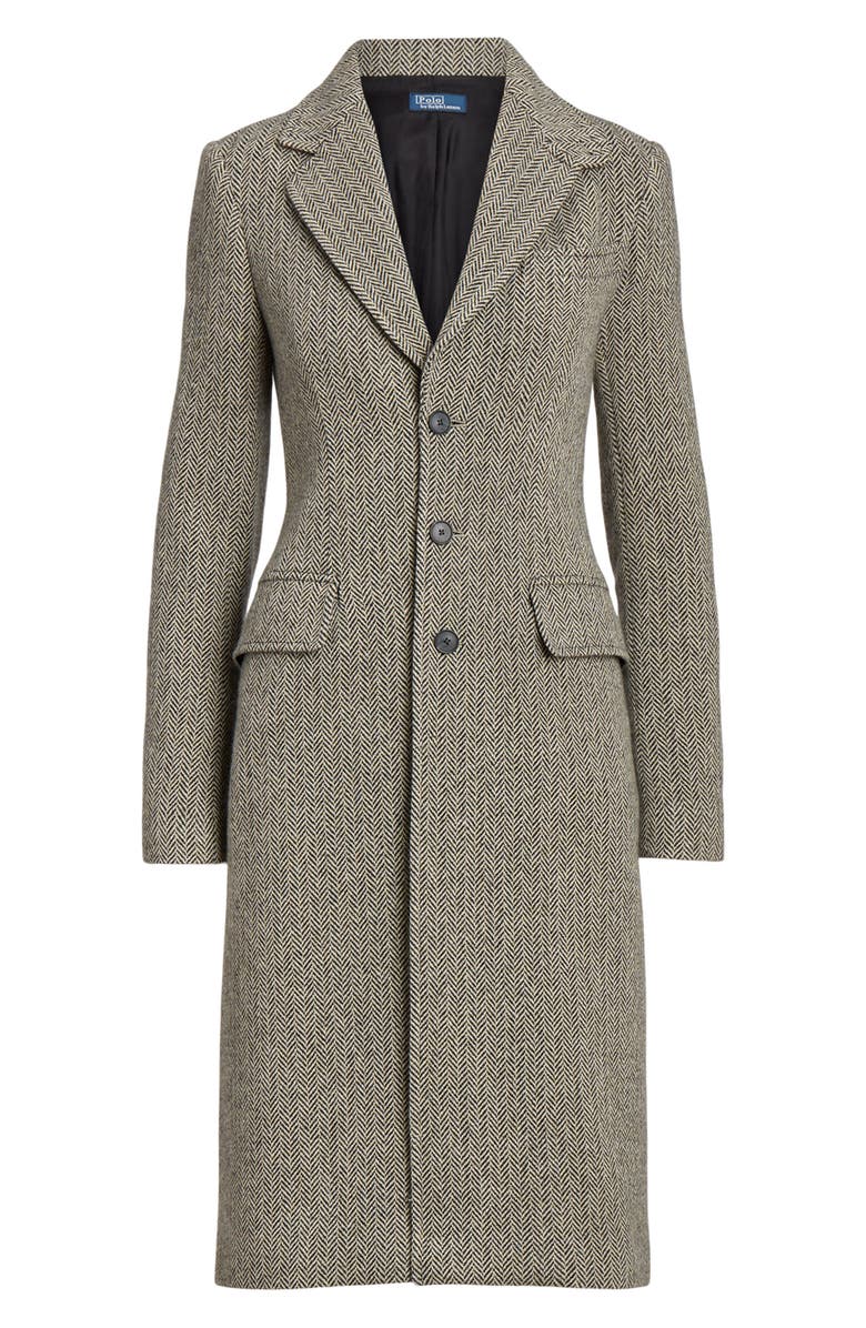 Polo Ralph Lauren Herringbone Single Breasted Suede Trim Wool Blend Coat, Alternate, color, 