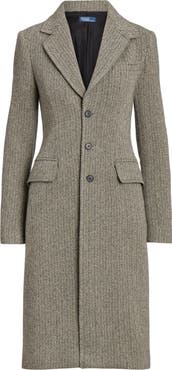 Polo Ralph Lauren Herringbone Single Breasted Suede Trim Wool Blend Coat