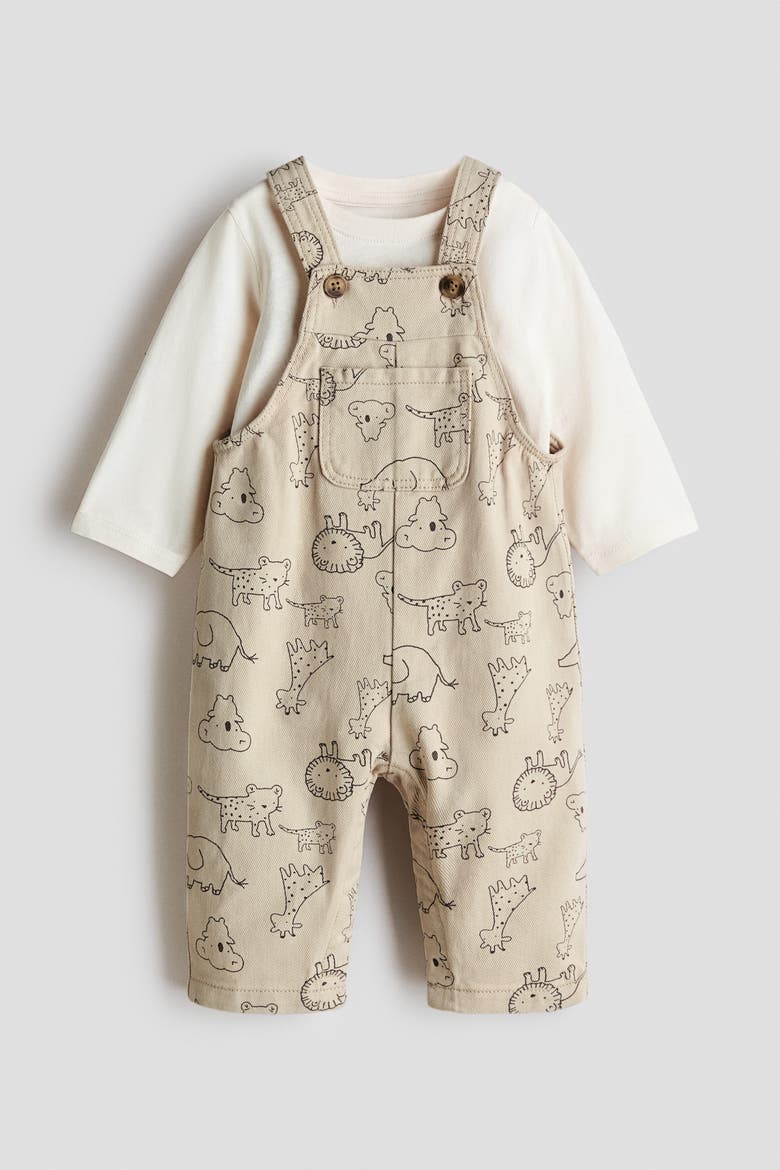 2-piece Dungarees And Top Set, Main, color, Light beige/animals