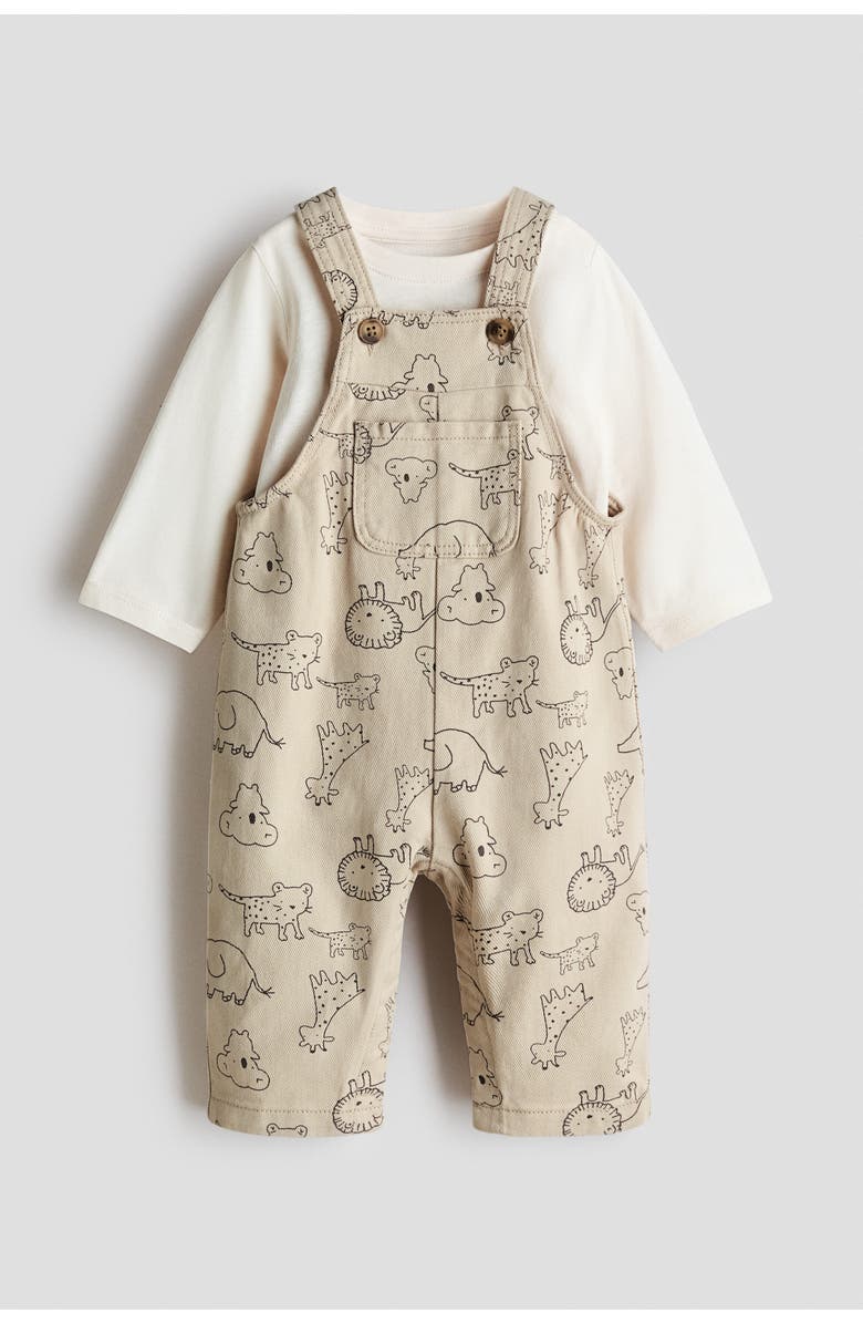 H&M 2-piece Dungarees And Top Set, Main, color, Light Beige/Animals