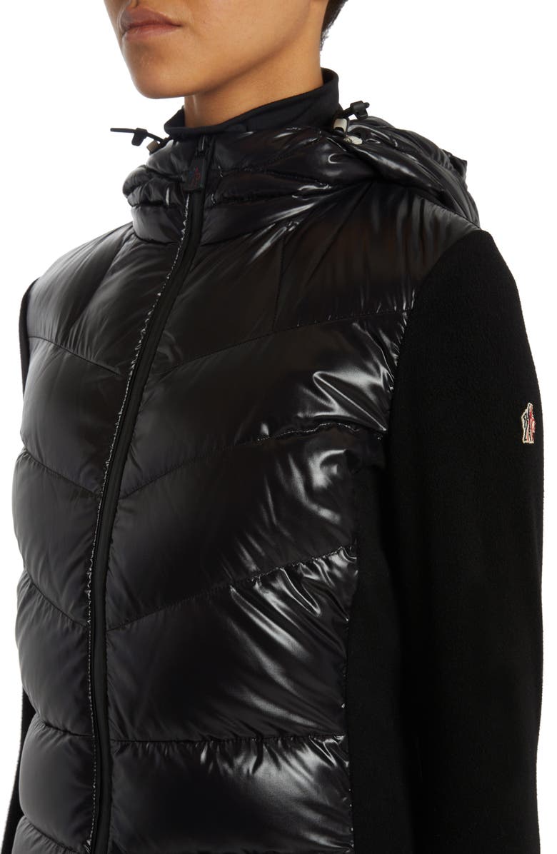 Moncler Grenoble Quilted Nylon & Stretch Fleece Hooded Cardigan, Alternate, color, Black