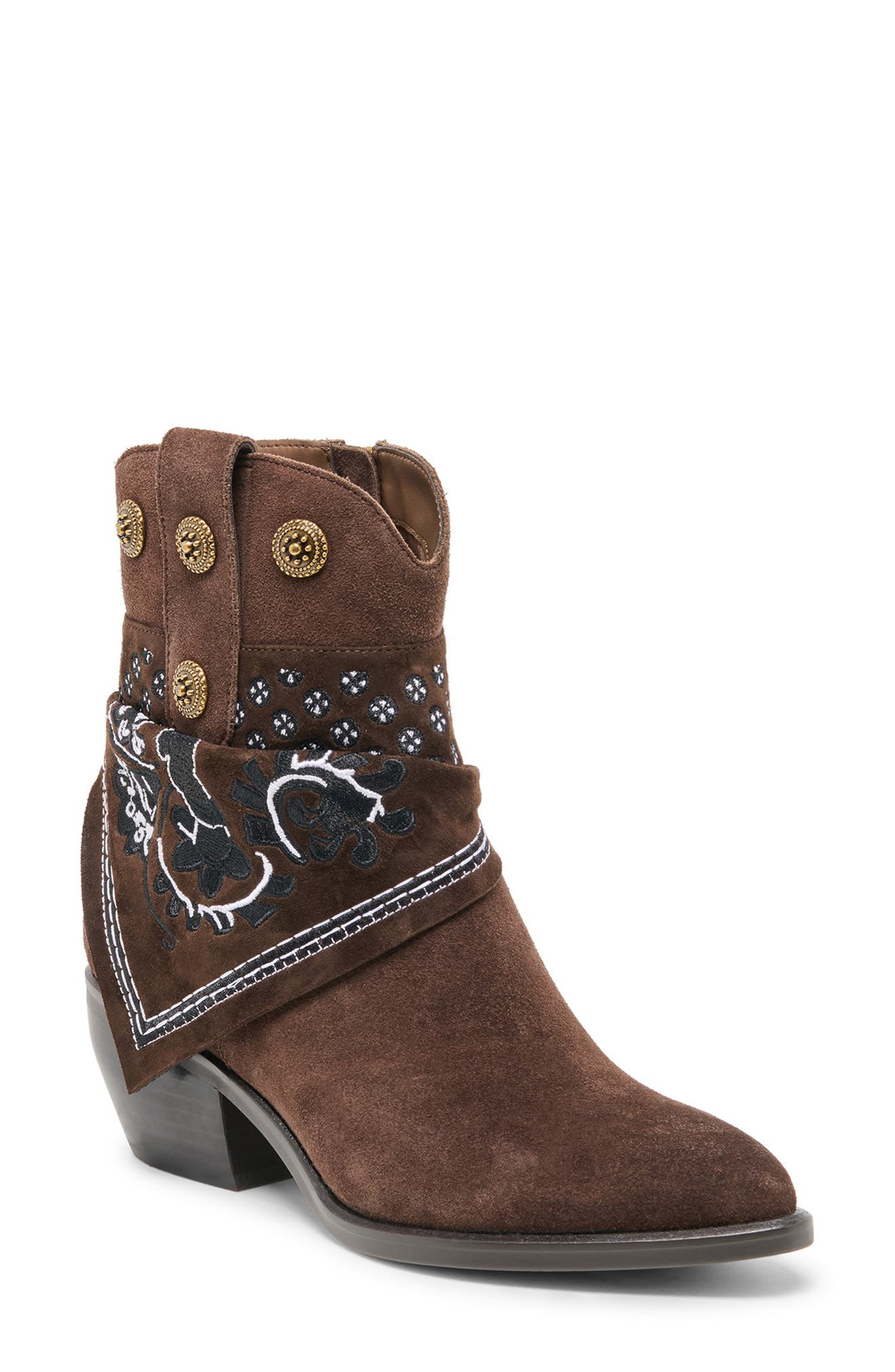 Mekala Embroidered Bootie, Main, color, DARK BROWN SUEDE
