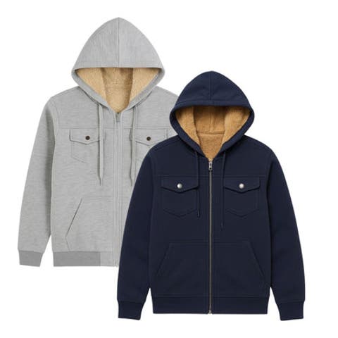 2 Pack Mens Heavyweight Fur Lined Zip Hoodie Jacket