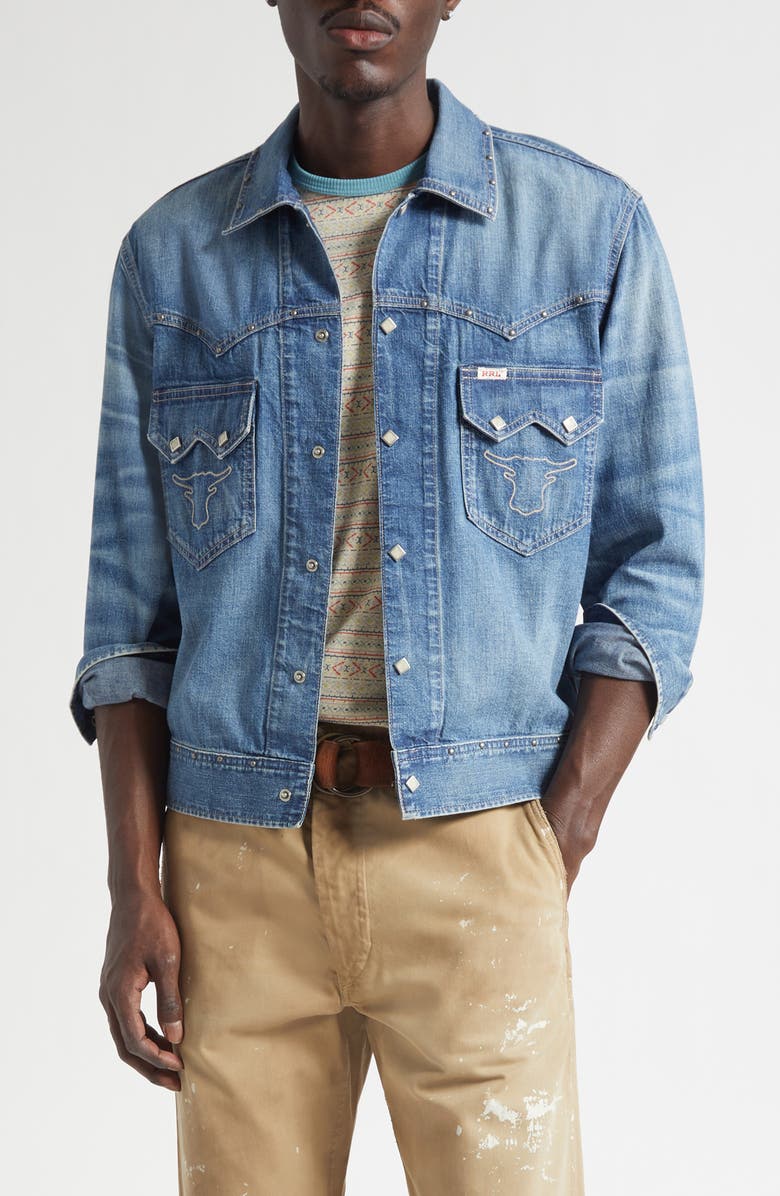 Double RL Studded Denim Snap-Up Shirt Jacket, Main, color, Dillon Wash