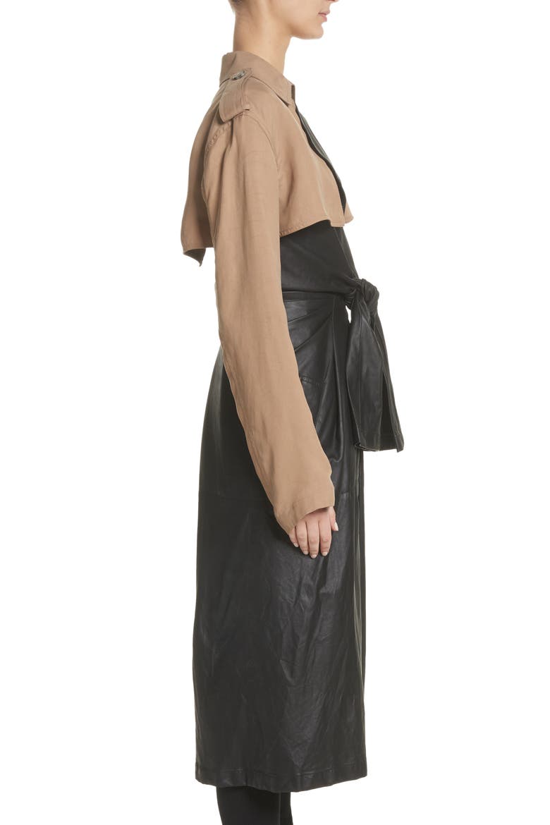 Tie Front Leather & Twill Trench Coat, Alternate, color, BLACK