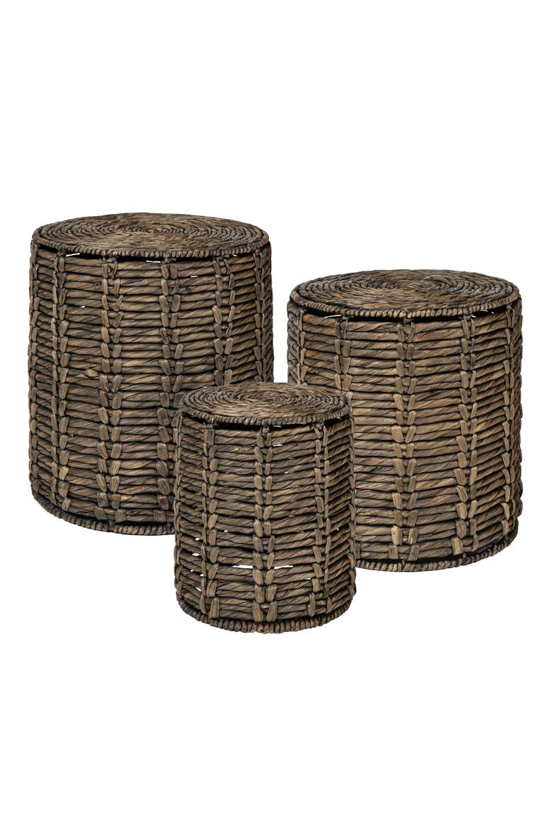 Zaria Coastal Handwoven Round Nesting Accent Tables, Set of 3 Woven Side End Tables with Metal Frame, Main, color, Brown
