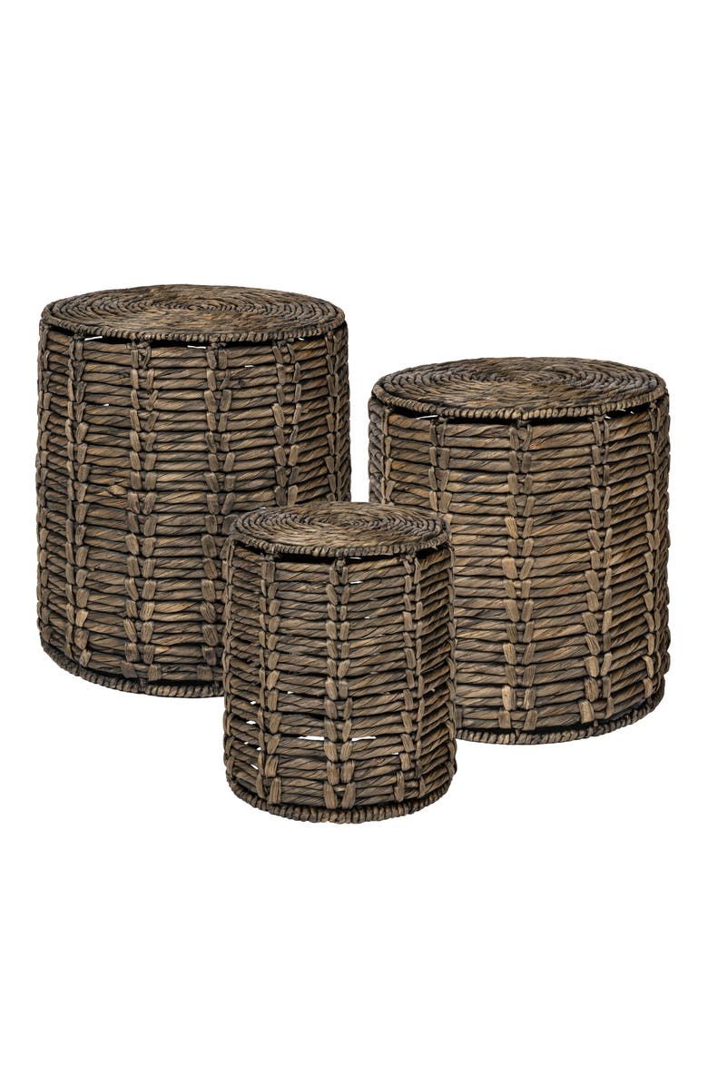 JONATHAN Y Zaria 18" Coastal Bohemian Handwoven Water Hyacinth Nesting Round Accent Table, Main, color, Brown