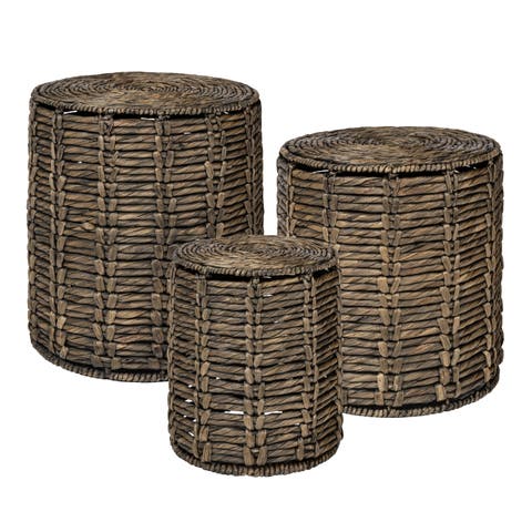 Zaria 18" Coastal Bohemian Handwoven Water Hyacinth Nesting Round Accent Table (Set 3)