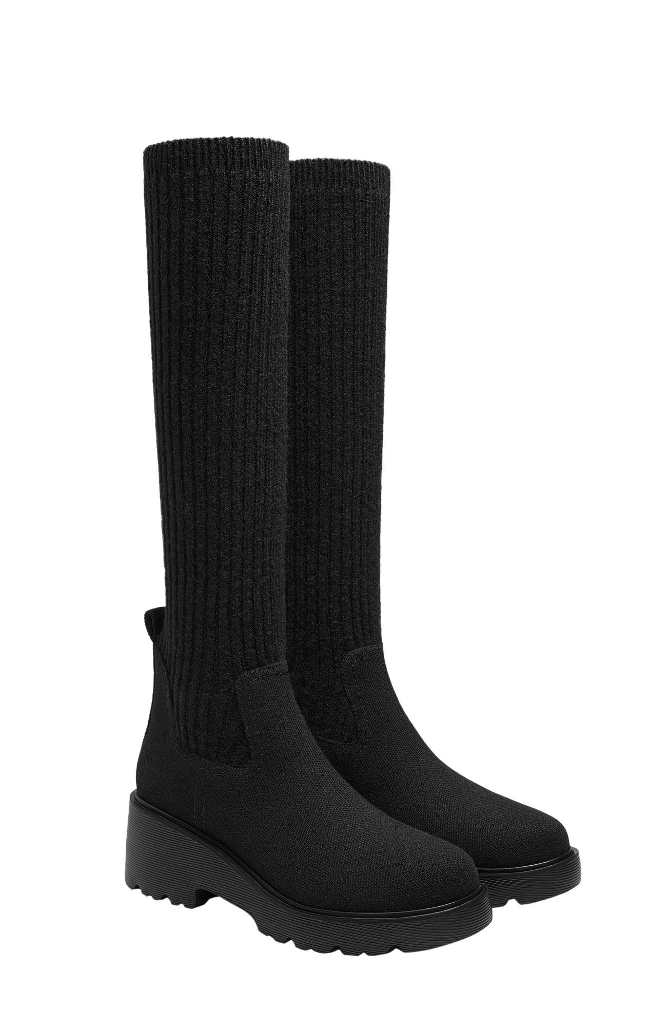 VIVAIA Round-Toe Knee-High Platform Chunky Wool Wedge Boots, Main, color, Black