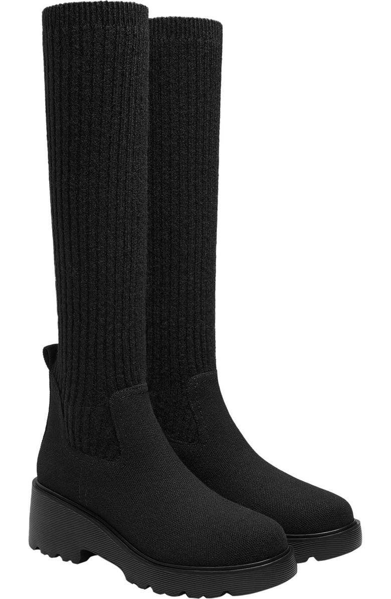 VIVAIA Round-Toe Knee-High Platform Chunky Wool Wedge Boots, Main, color, Black