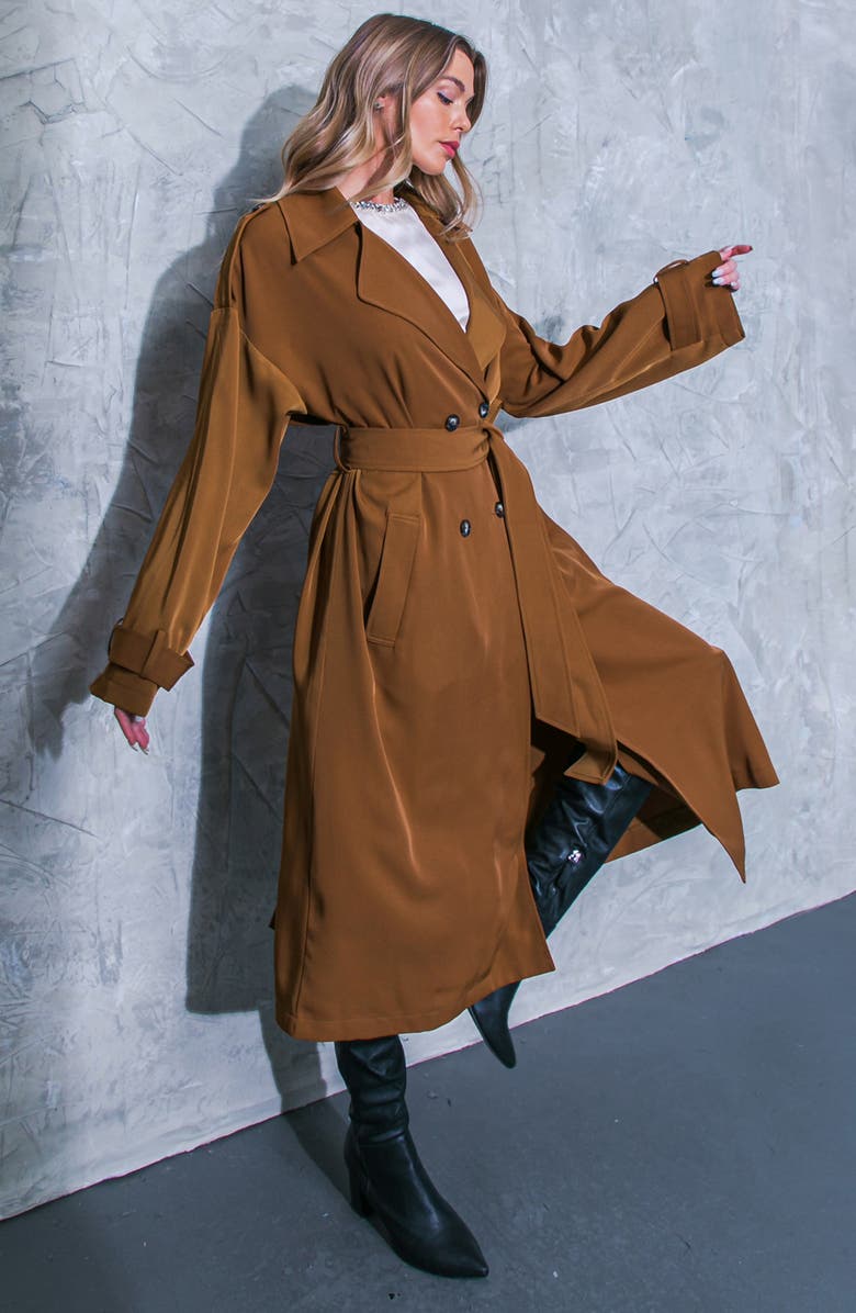 FLYING TOMATO Double Breasted Trench Coat, Alternate, color, Brown