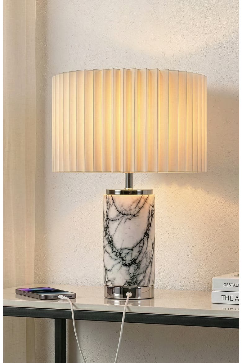 Arden 17" LED Table Lamp with Pleated Drum Shade, Polished Nickel Finish and USB-C Charging Port, Alternate, color, Polished Nickel