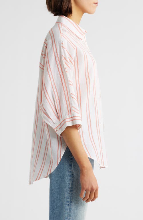 Madewell Stripe Pleat Sleeve Oversize Linen & Cotton Button-up Shirt In Bright Flame