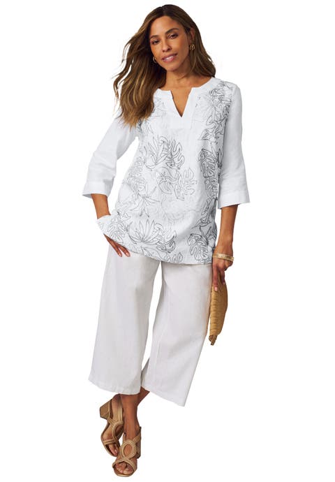 Linen V-Neck Embroidered Tunic (Plus)