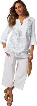 Jessica London Linen V-Neck Embroidered Tunic