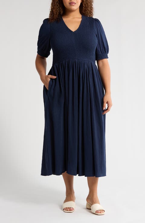 Smocked Bodice Cotton Jersey Dress (Plus)