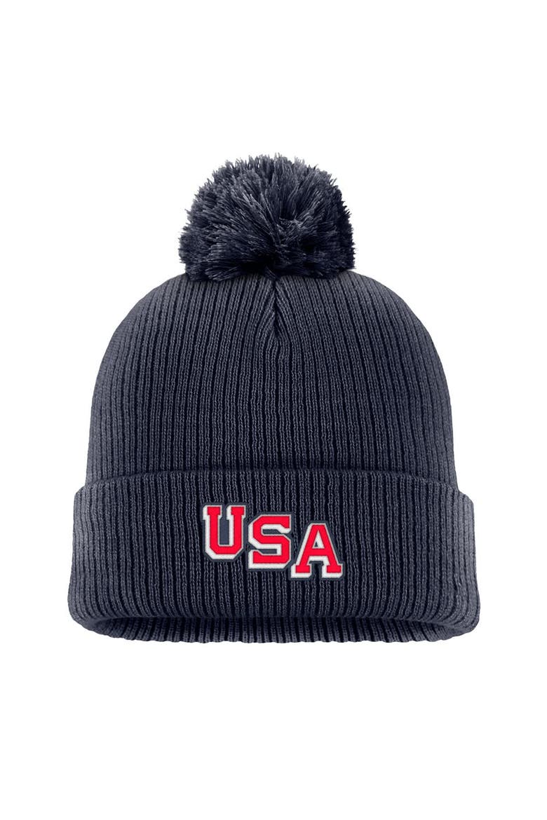 Men's Nike Navy US Hockey Peak Cuffed Knit Hat with Pom, Main, color, Navy